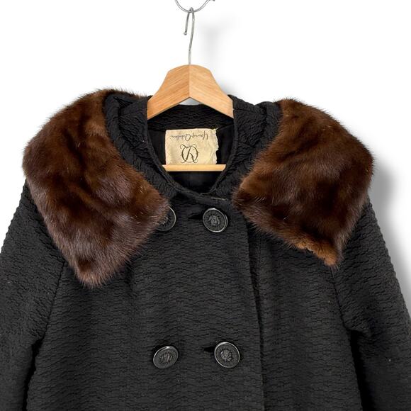 Vintage Young Quinlan Black Textured Wool Coat Brown Mink Fur Collar Size Large - Picture 2 of 8